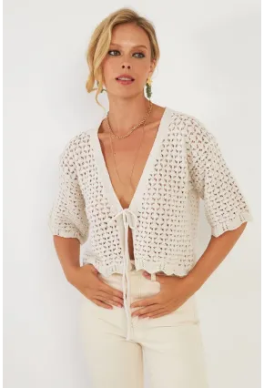 Kadın Ekru Triko Ajurlu Hırka YV255