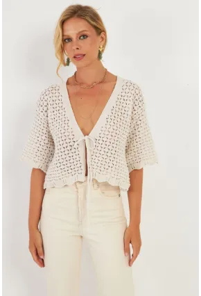 Kadın Ekru Triko Ajurlu Hırka YV255