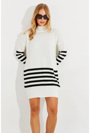 Kadın Ekru Triko Çizgili Tunik YV202