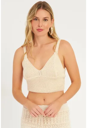 Kadın Ekru Triko Crop Bluz KZ2507