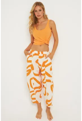 Kadın Ekru-Turuncu Desenli Keten Şalvar Pantolon K1253