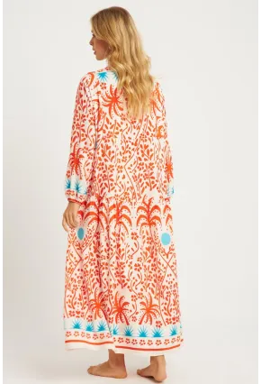 Kadın Ekru-Turuncu Desenli Midi Elbise MGÇ169