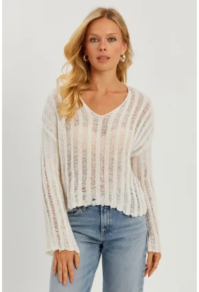 Kadın Ekru V Yaka Ajurlu Triko Bluz YV233