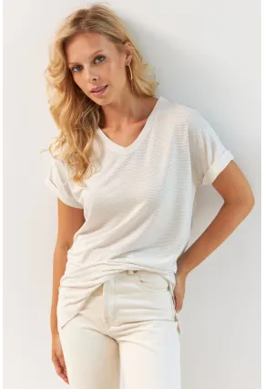 Kadın Ekru V Yaka Bluz RX439