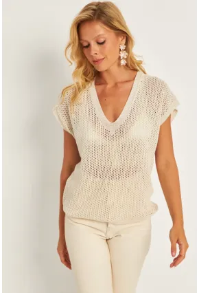 Kadın Ekru V Yaka Fileli Bluz SMT230