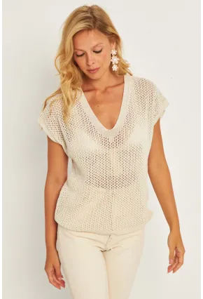 Kadın Ekru V Yaka Fileli Bluz SMT230