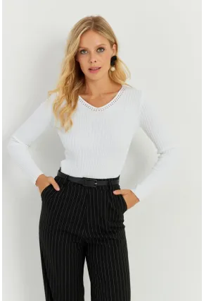Kadın Ekru V Yaka Fitilli Triko Bluz SMT216