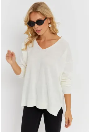 Kadın Ekru V Yaka Triko Kazak YİL549