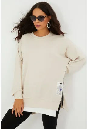 Kadın Ekru Yanları Fermuarlı Oversize Sweatshirt BK231095