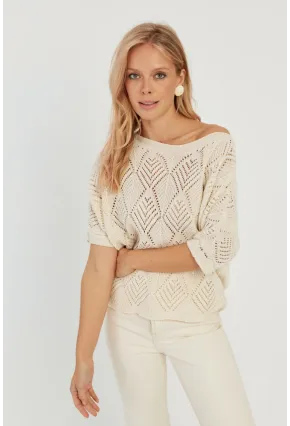Kadın Ekru Yarasa Kol Ajurlu Triko Bluz YZ621