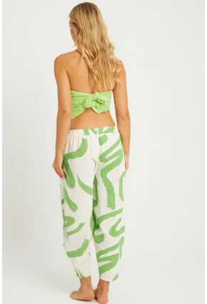 Kadın Ekru-Yeşil Desenli Keten Şalvar Pantolon K1253