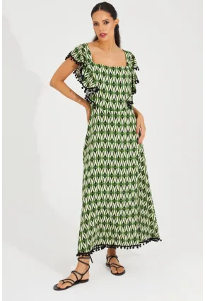 Kadın Ekru-Yeşil Sırtı Gipeli Kare Yaka Elbise BK1650