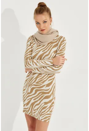 Kadın Ekru Zebra Desenli Mini Elbise AYD249