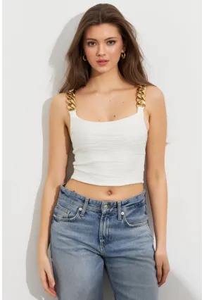 Kadın Ekru Zincir Askılı Astarlı Crop Bluz LİT109
