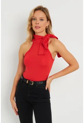 Kadın Fiyonklu Crop Bluz Kırmızı EY2726