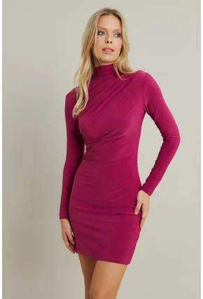 Kadın Fuşya Büzgülü Dik Yaka Mini Elbise ELT3138-90