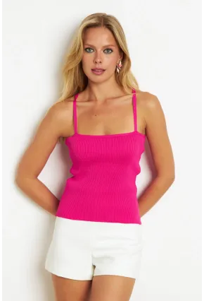 Kadın Fuşya Çapraz Askılı Triko Bluz KAZ07