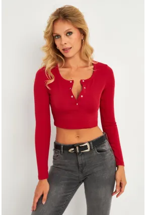 Kadın Fuşya Çıtçıtlı Crop Bluz CG379