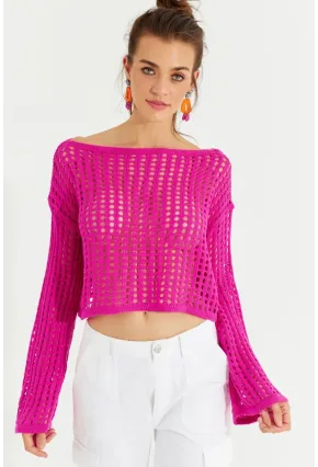 Kadın Fuşya İspanyol Kol Ajurlu Triko Kısa Bluz SMT181