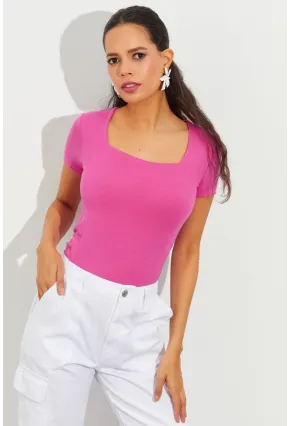 Kadın Fuşya Kare Yaka Bluz LPP1220