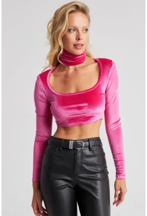 Kadın Fuşya Kare Yaka Boyunluklu Kadife Crop Bluz B2867