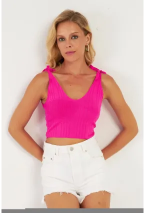 Kadın Fuşya Omuzları Bağlamalı Triko Bluz YV260