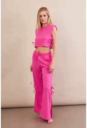 Kadın Fuşya Omuzları Vatkalı Bağlama Detaylı Alt Üst Takım KED002