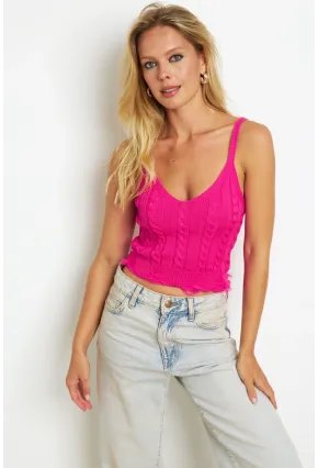Kadın Fuşya Örgülü V Yaka Triko Bluz KAZ05