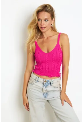 Kadın Fuşya Örgülü V Yaka Triko Bluz KAZ05