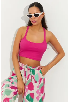 Kadın Fuşya Sırtı Halkalı Kaşkorse Crop Bluz B2552
