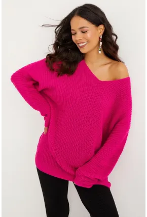 Kadın Fuşya V Yaka Salaş Oversize Triko Tunik SMT158