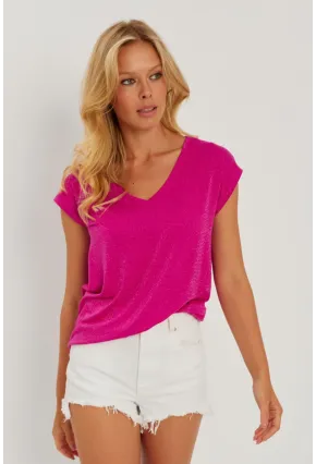 Kadın Fuşya V Yaka Simli Bluz RX436