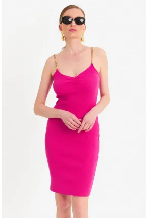 Kadın Fuşya Zincir Askılı Kaşkorse Midi Elbise UR204