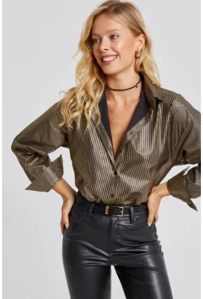 Kadın Gold Rengi Çizgili Parlak Gömlek SF2531