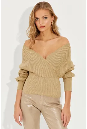 Kadın Gold Rengi Kruvaze Simli Kazak KED125