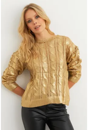 Kadın Gold Rengi Saç Örgülü Vatkalı Triko Bluz RM618