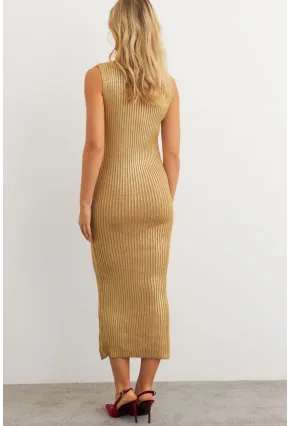 Kadın Gold Rengi Varaklı Balıkçı Maxi Elbise RM599