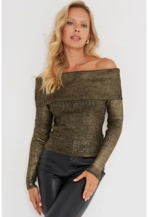 Kadın Gold Rengi Varaklı Madonna Triko Bluz SF2523