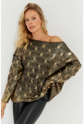 Kadın Gold Rengi Varaklı Triko Kazak SF2533