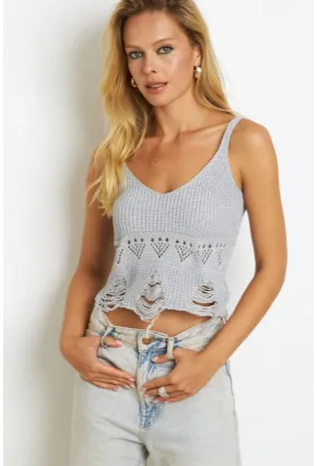 Kadın Gri Ajurlu Triko Bluz KAZ08