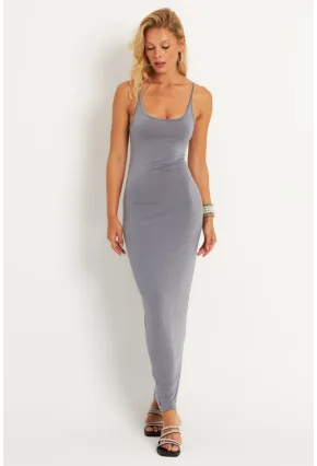 Kadın Gri Ayarlanabilir Askılı Maxi Elbise MEN2004