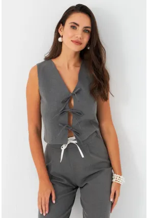 Kadın Gri Bağlama Detaylı Astarlı Yelek ELA6645
