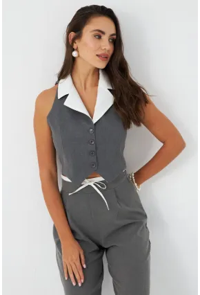 Kadın Gri-Beyaz Yaka Detaylı Astarlı Yelek ELA6823