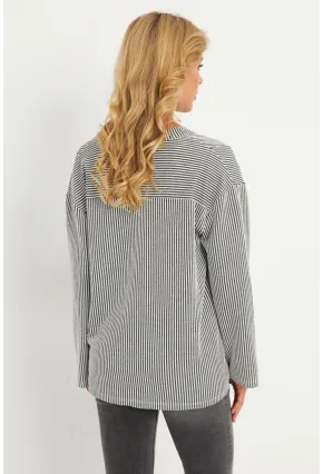 Kadın Gri Çizgili Cepli Sweatshirt TF01