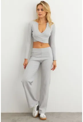 Kadın Gri Crop Üstlü İkili Pantolon Takım XL10052
