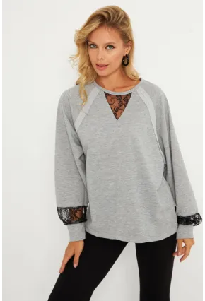 Kadın Gri Dantel Detaylı Sweatshirt EY2906