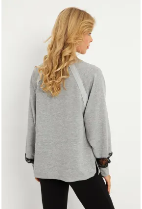 Kadın Gri Dantel Detaylı Sweatshirt EY2906