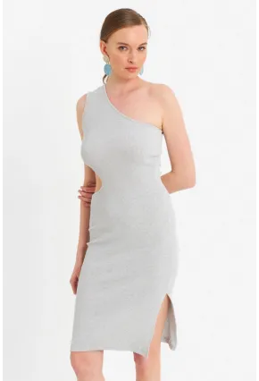 Kadın Gri Dekolteli Kaşkorse Midi Elbise OR2460