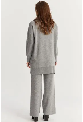 Kadın Gri Denim Yakalı İncili Alt Üst Triko Takım NUV22