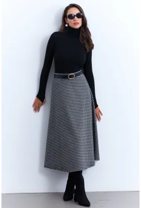 Kadın Gri Desenli Çan Etek LON3007
